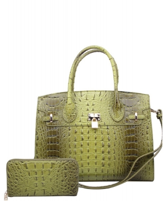 2in1 Fashion Croco Skin Satchel Wallet Set AC1096W GREEN